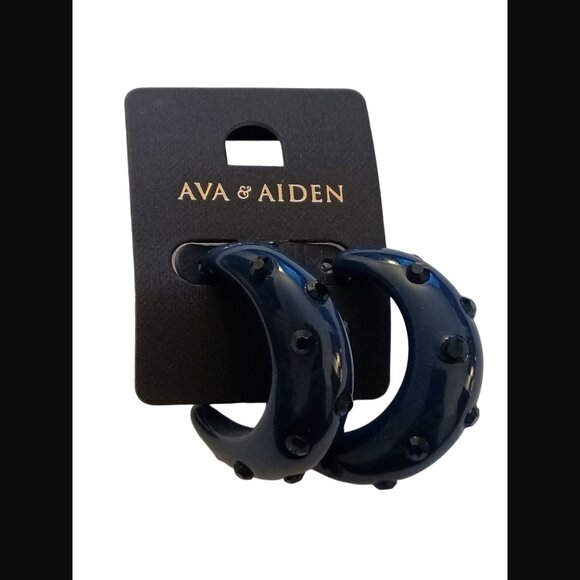Ava & Aiden Dark Blue Acrylic Rhinestone Open Hoop Chunky Stud Earrings NWT - Picture 1 of 5